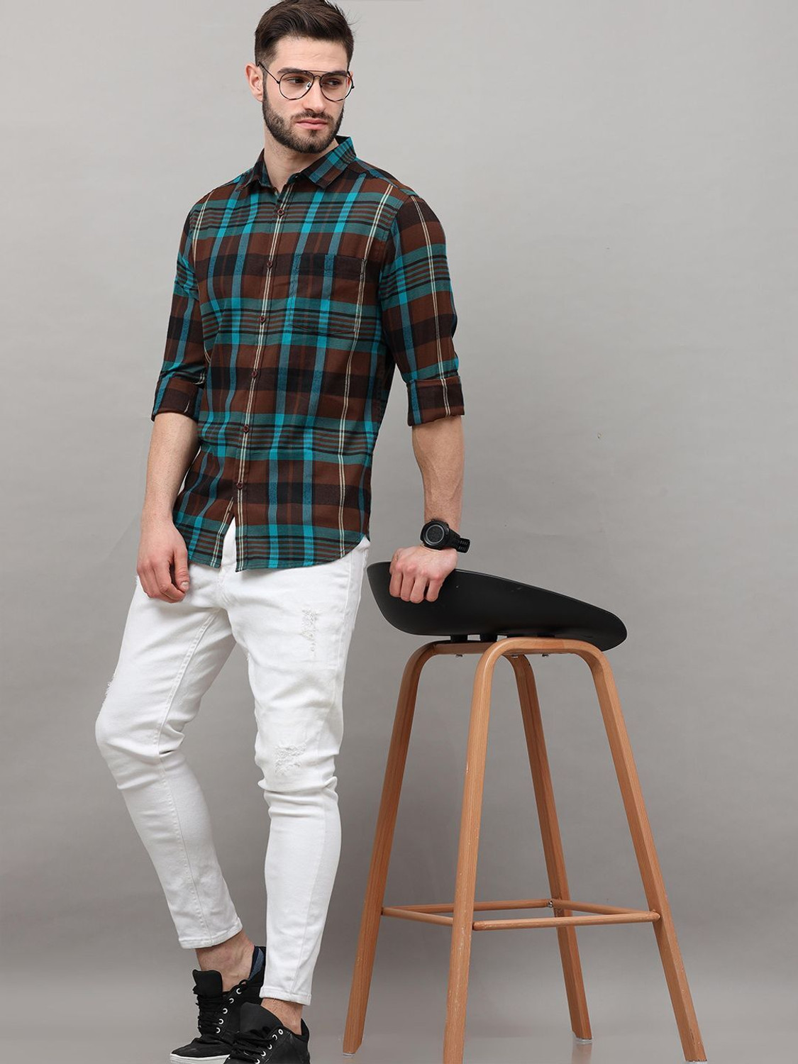 Image of HERE&NOW Men Checkered Casual Blue Shirt