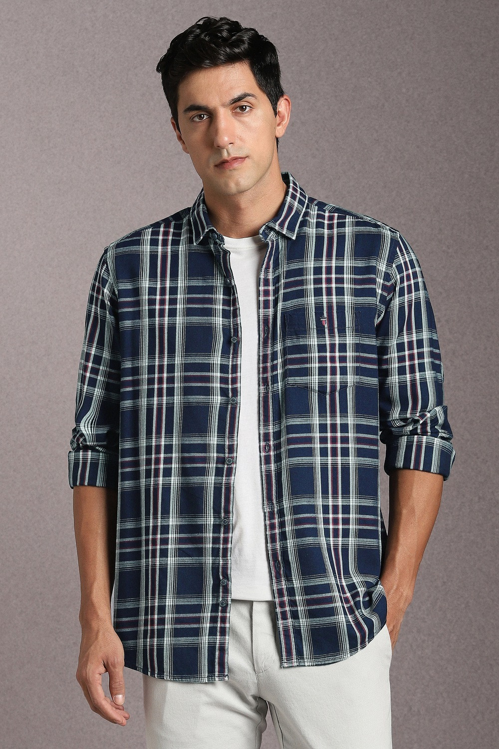 Image of LOUIS PHILIPPE Men Checkered Casual Dark Blue Shirt