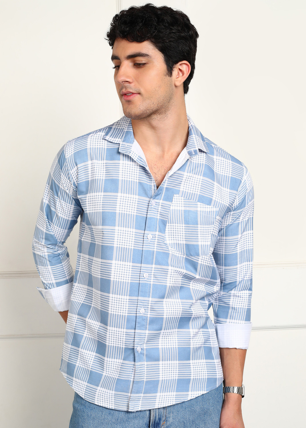 Image of PURE MAN Men Checkered Casual Blue Shirt