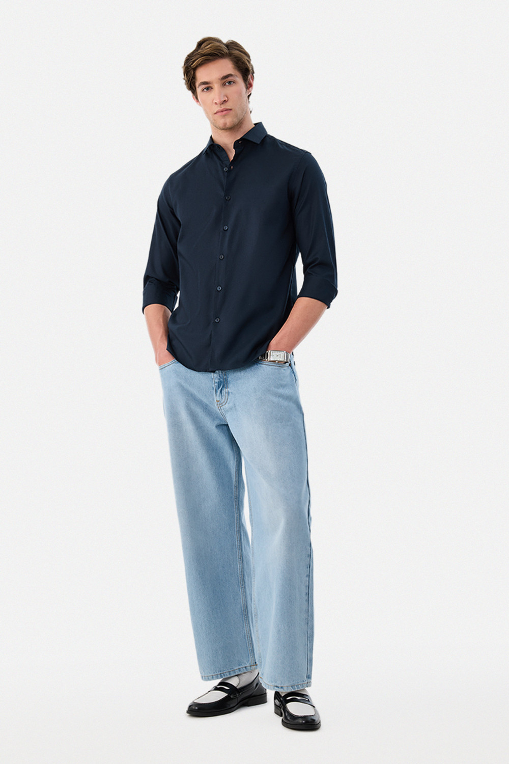 Image of Snitch Men Solid Formal Dark Blue Shirt