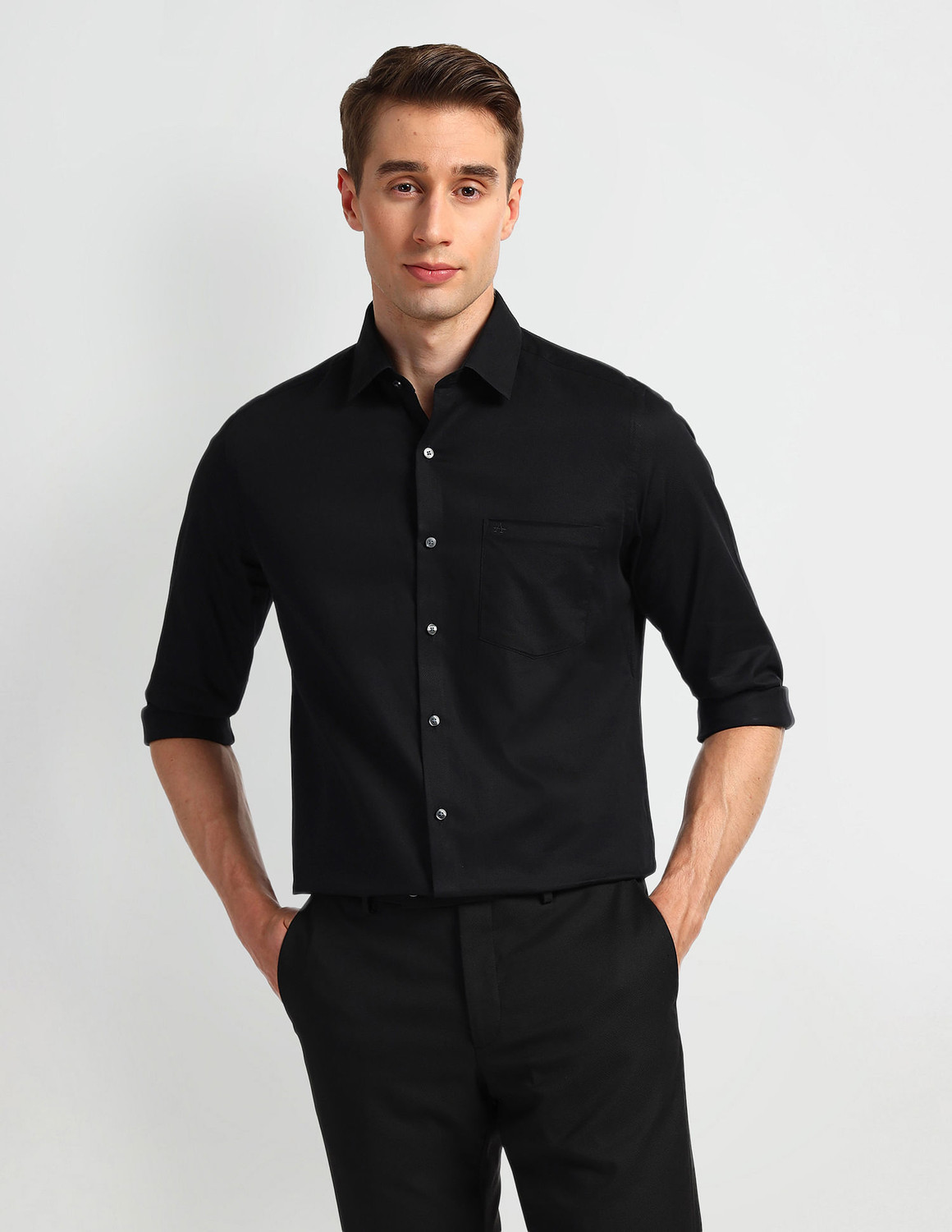 Image of ARROW Men Self Design Formal Black Shirt