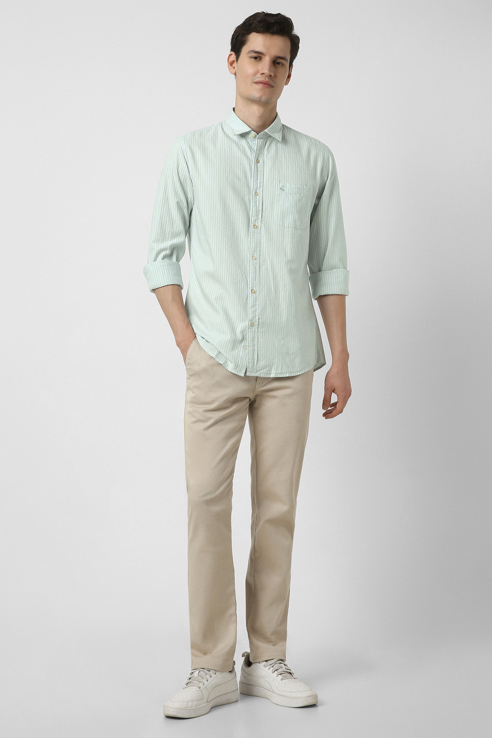 Image of PETER ENGLAND Men Striped Casual Light Green Shirt