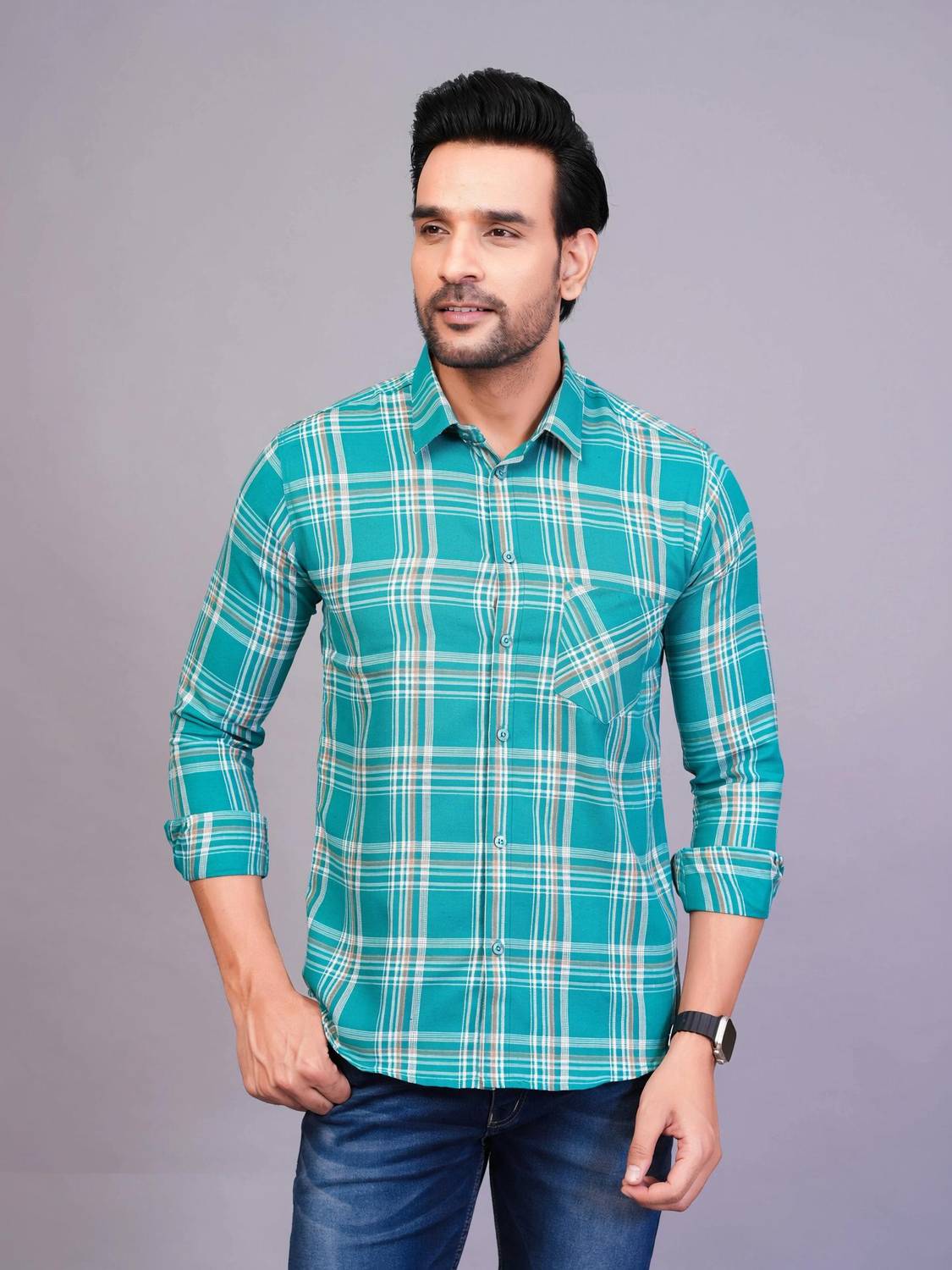 BlackLilly Men Checkered Formal Green Shirt