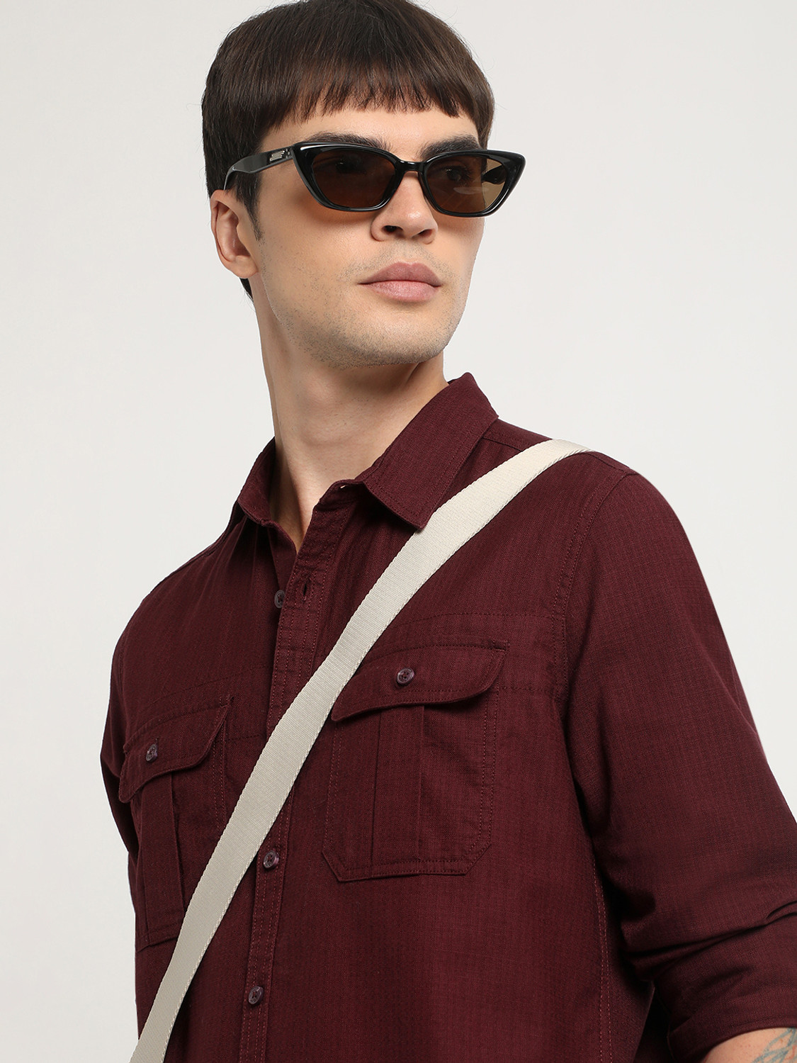 Image of THE BEAR HOUSE Men Solid Casual Maroon Shirt