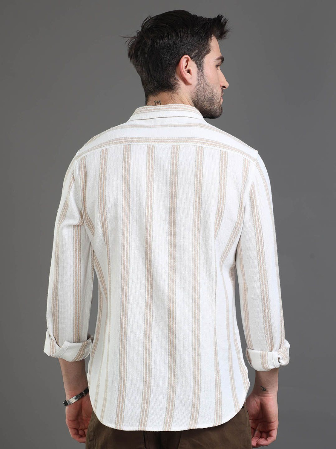Image of HERE&NOW Men Striped Casual Cream Shirt