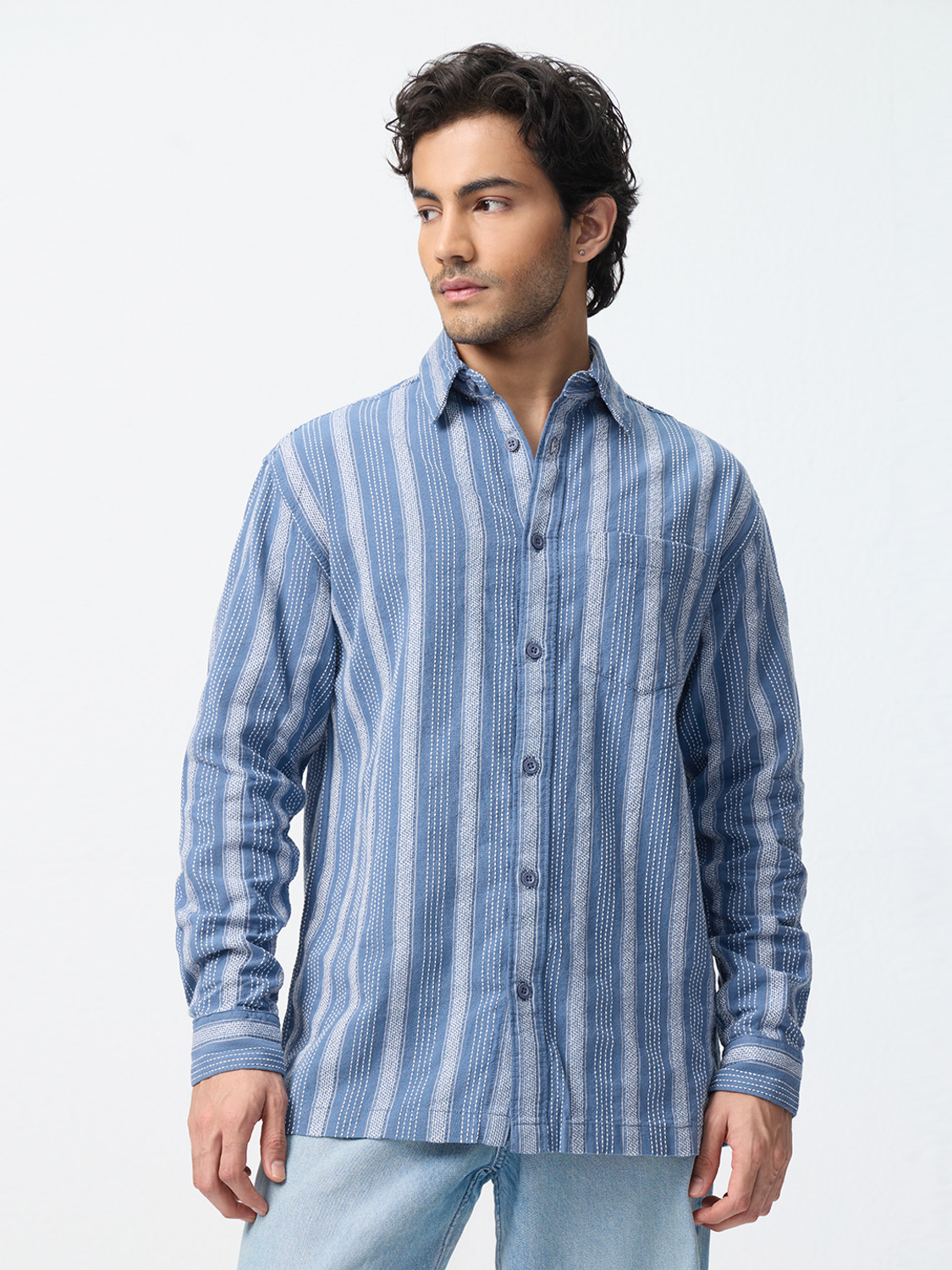 Image of The Souled Store Men Striped Casual Blue Shirt