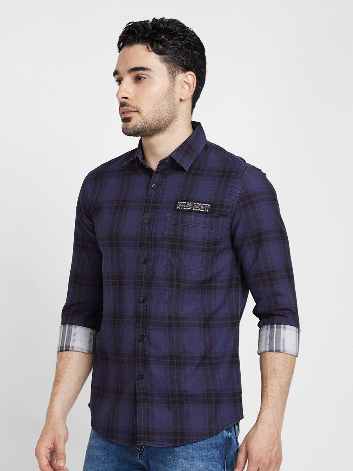 Image of Spykar Men Checkered Casual Blue Shirt
