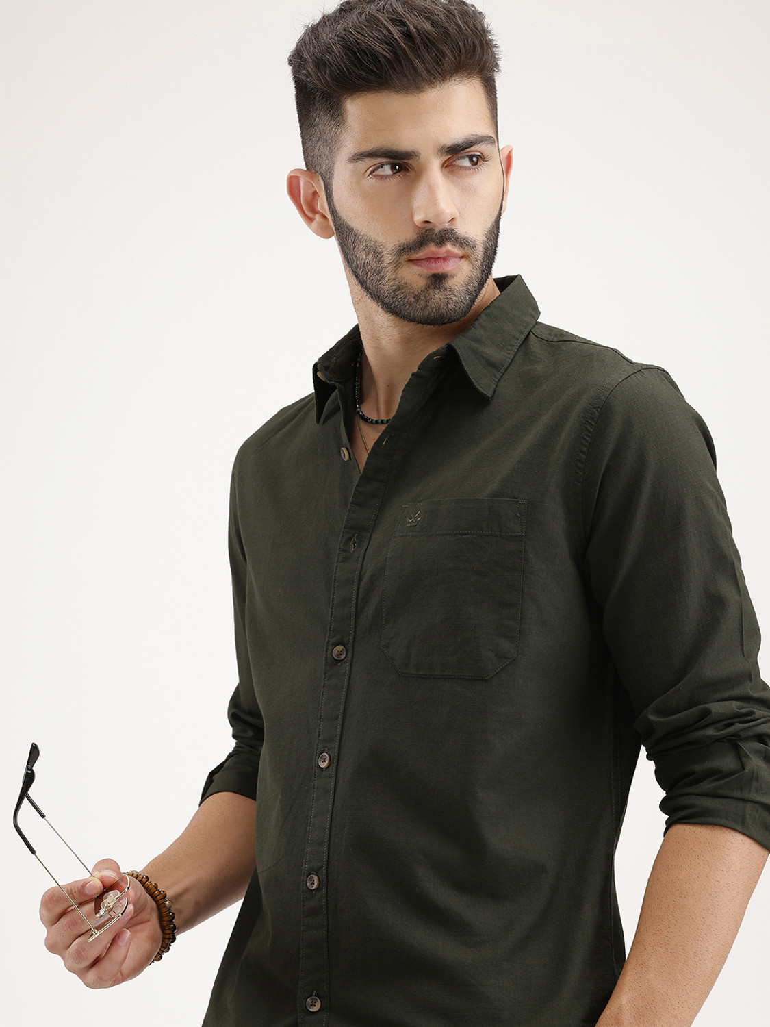 Image of WROGN Men Solid Casual Green Shirt