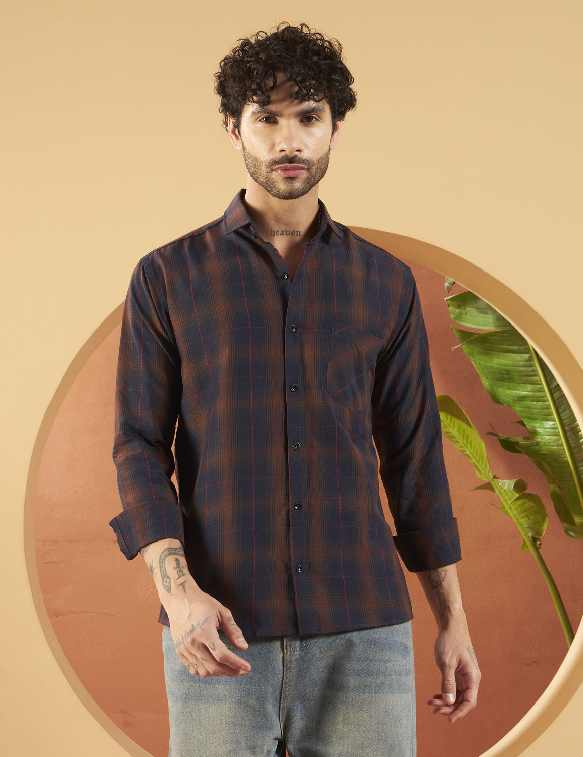 Image of WOXEN Men Checkered Casual Brown, Blue Shirt