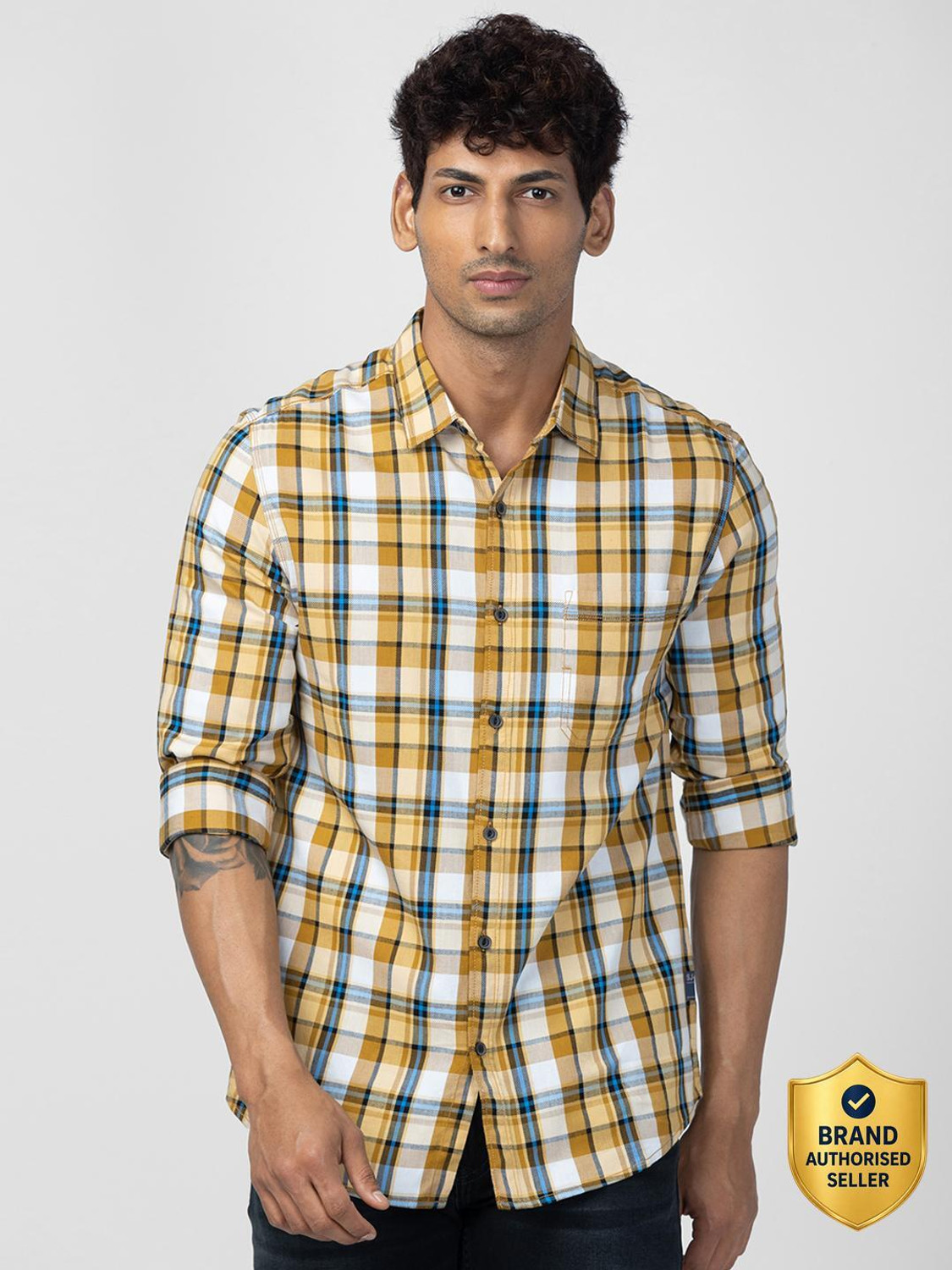 Image of Spykar Men Checkered Casual Beige Shirt