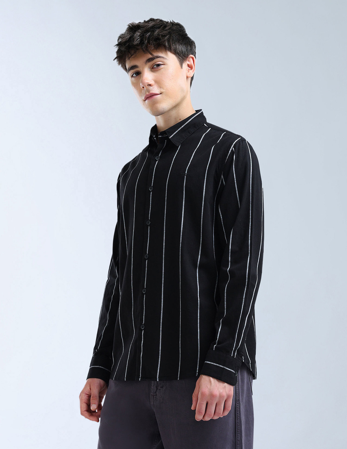 Image of FLYING MACHINE Men Striped Casual Black Shirt