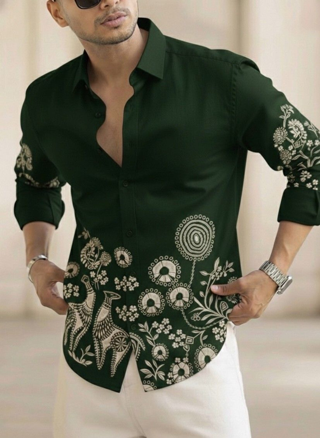 Image of Zonly Men Self Design Casual Green Shirt