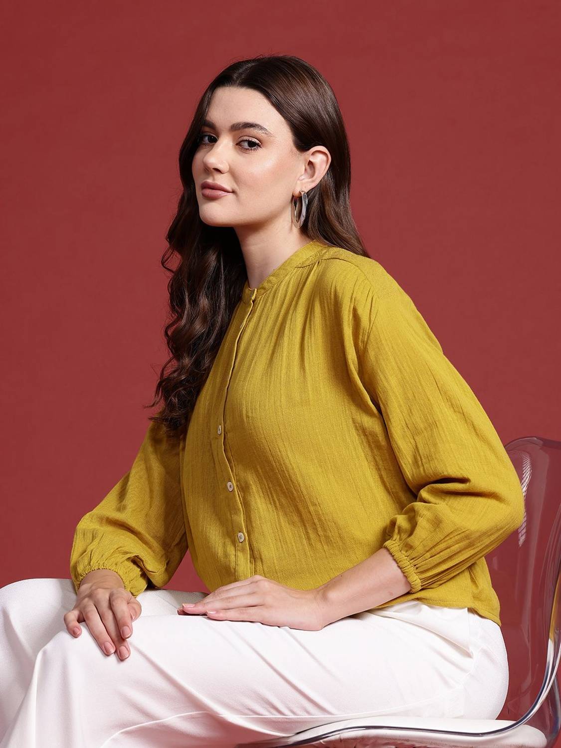 all about you Women Solid Casual Yellow Shirt