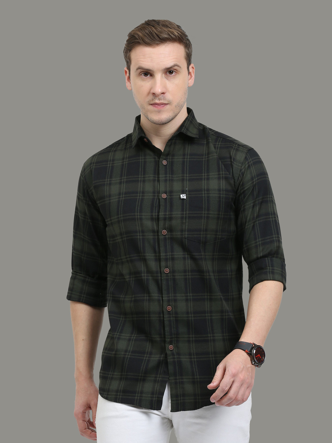 Image of ALLWIN PAUL Men Checkered Casual Dark Green Shirt
