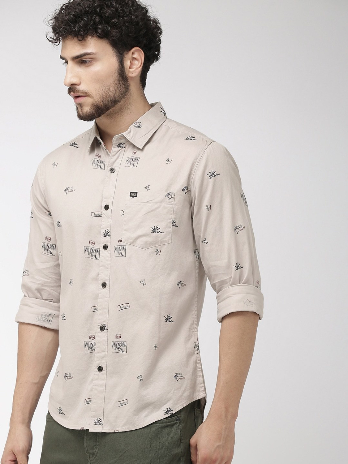 Image of The Indian Garage Co. Men Printed Casual Grey Shirt