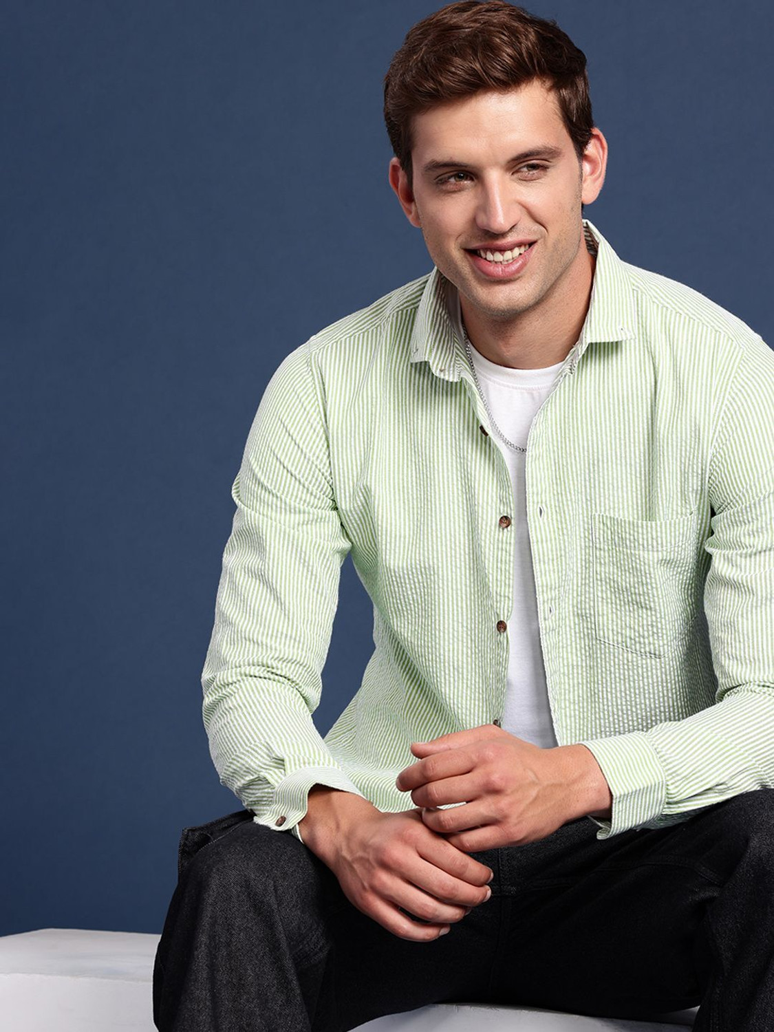 Image of Mast & Harbour Men Striped Casual Green Shirt