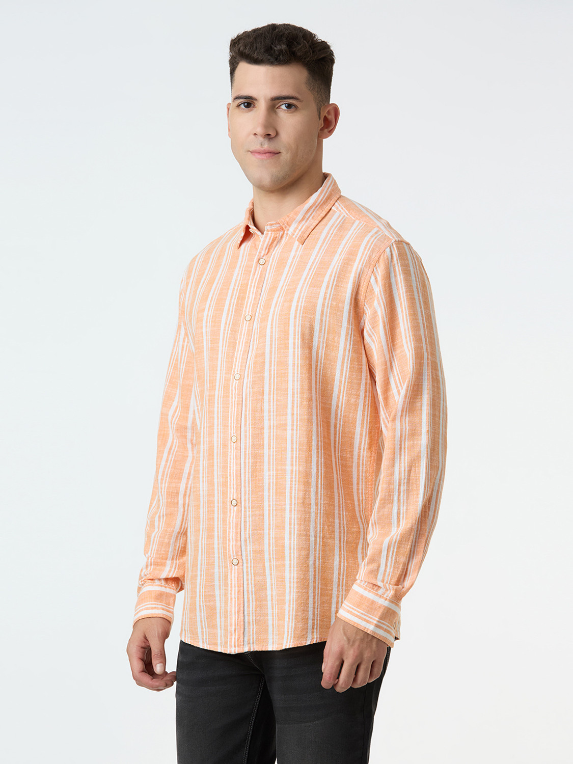 Image of Pepe Jeans Men Striped Casual Orange Shirt