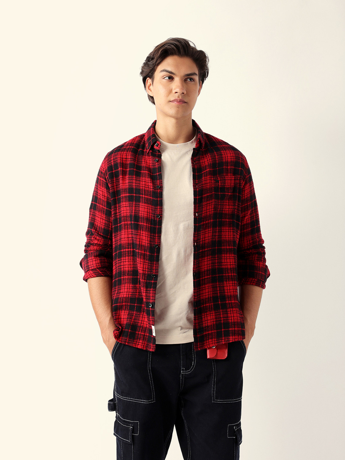 Image of THE BEAR HOUSE Men Checkered Casual Red Shirt
