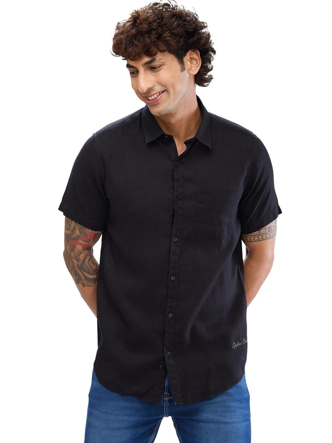 Image of Spykar Men Solid Casual Black Shirt
