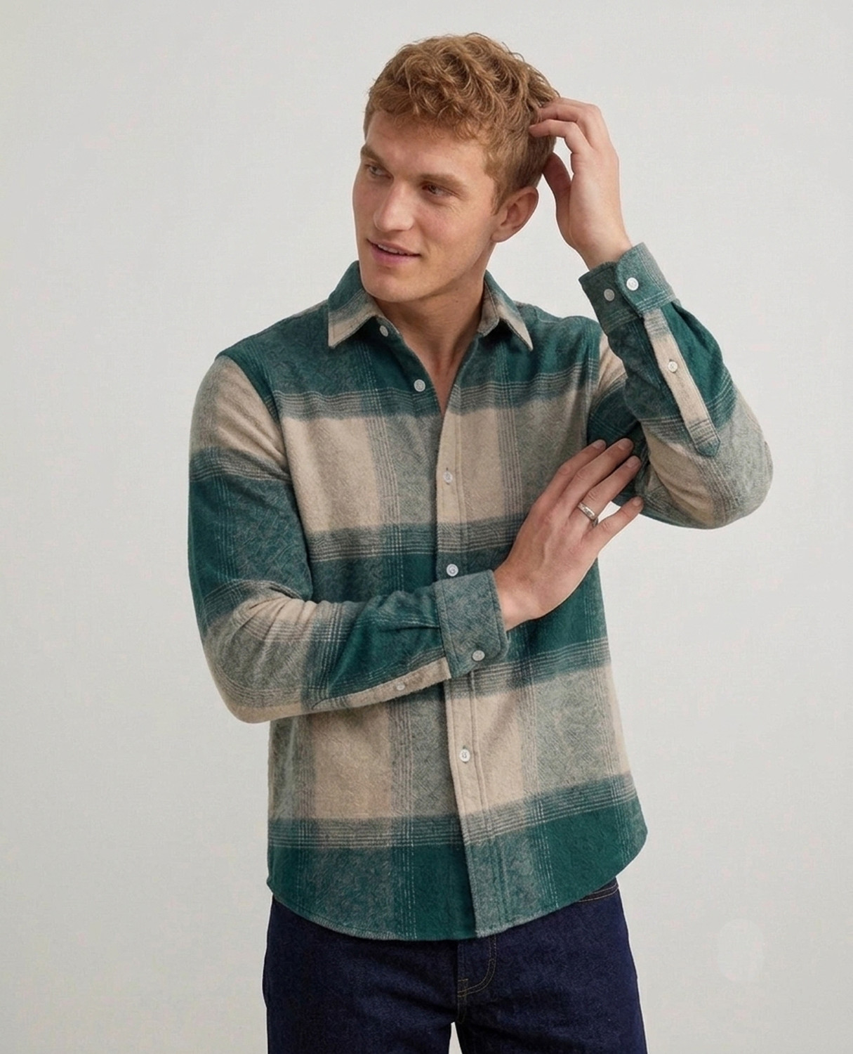 Image of DEEMOON Men Checkered Casual Green Shirt