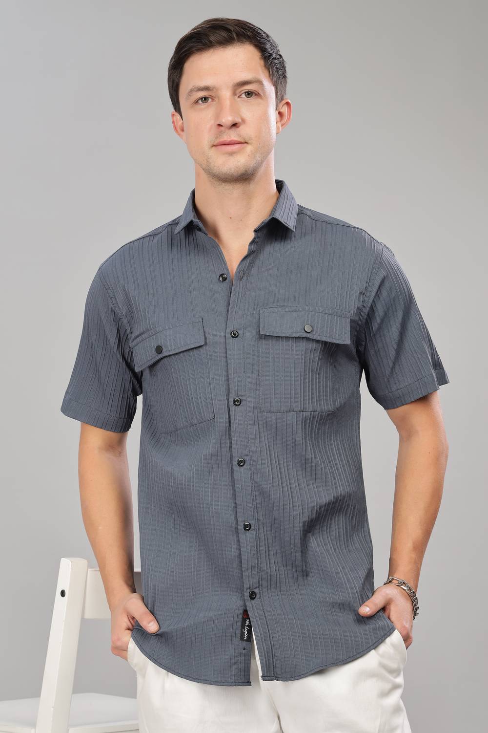 7th Legion Men Self Design Lounge Wear Grey Shirt