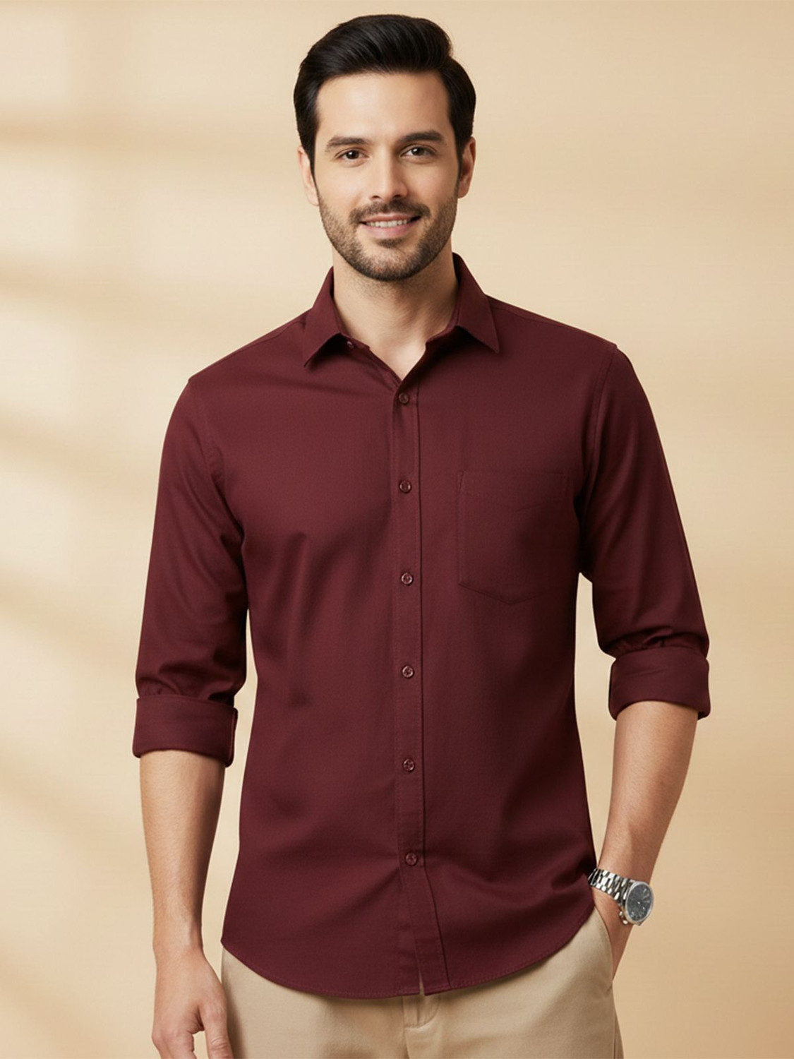 Image of METRONAUT Men Solid Casual Maroon Shirt