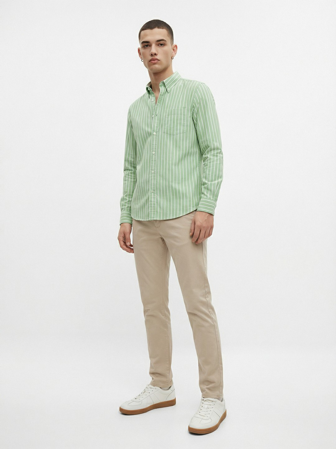 Image of METRONAUT Men Striped Casual Light Green Shirt