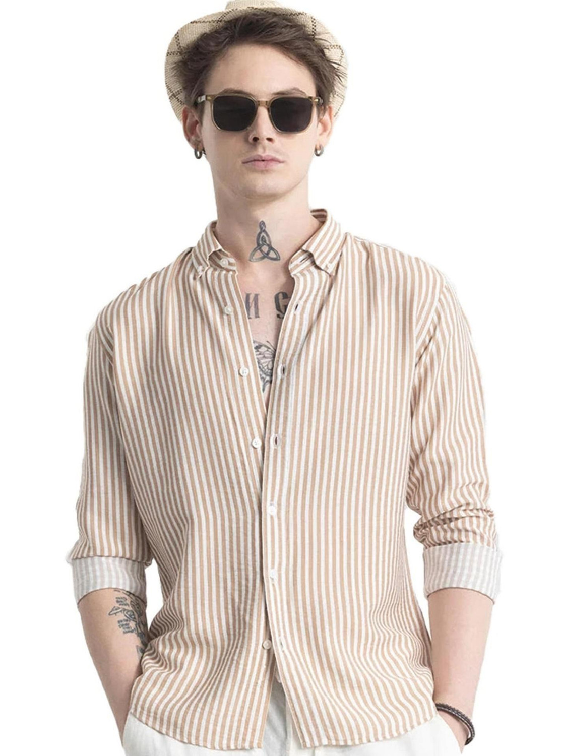 Image of METRONAUT Men Striped Casual Brown Shirt