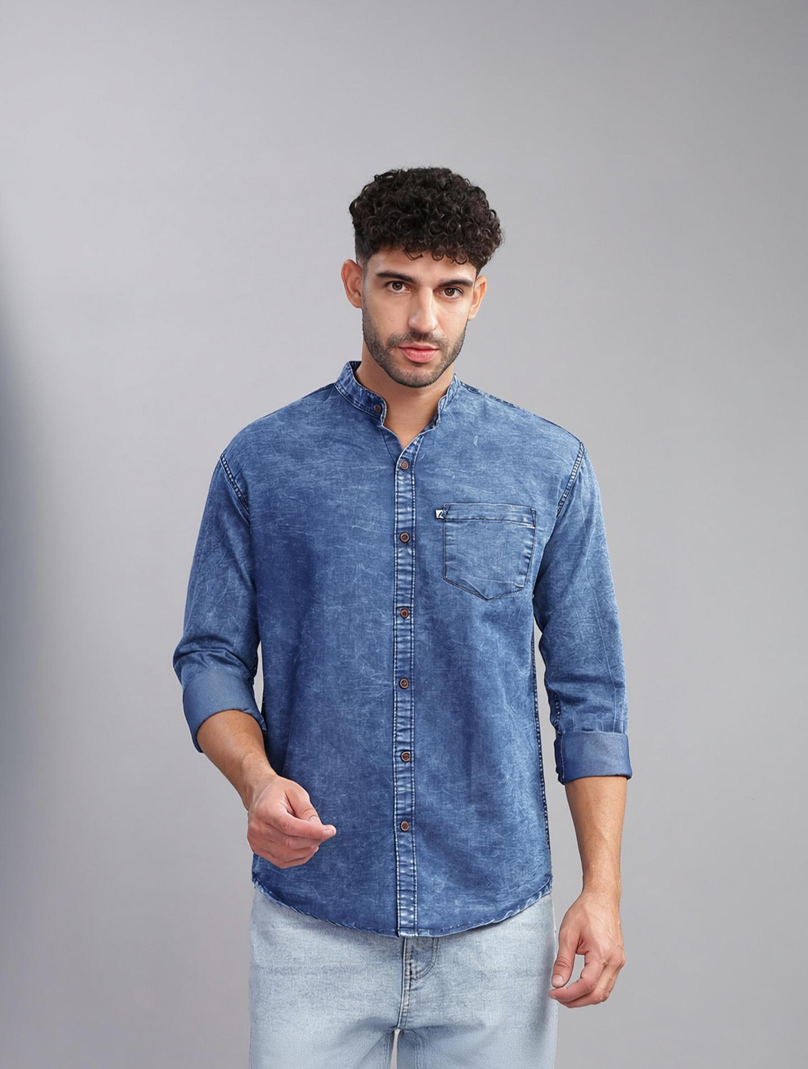 Image of AIDAN PAUL Men Washed Casual Dark Blue Shirt