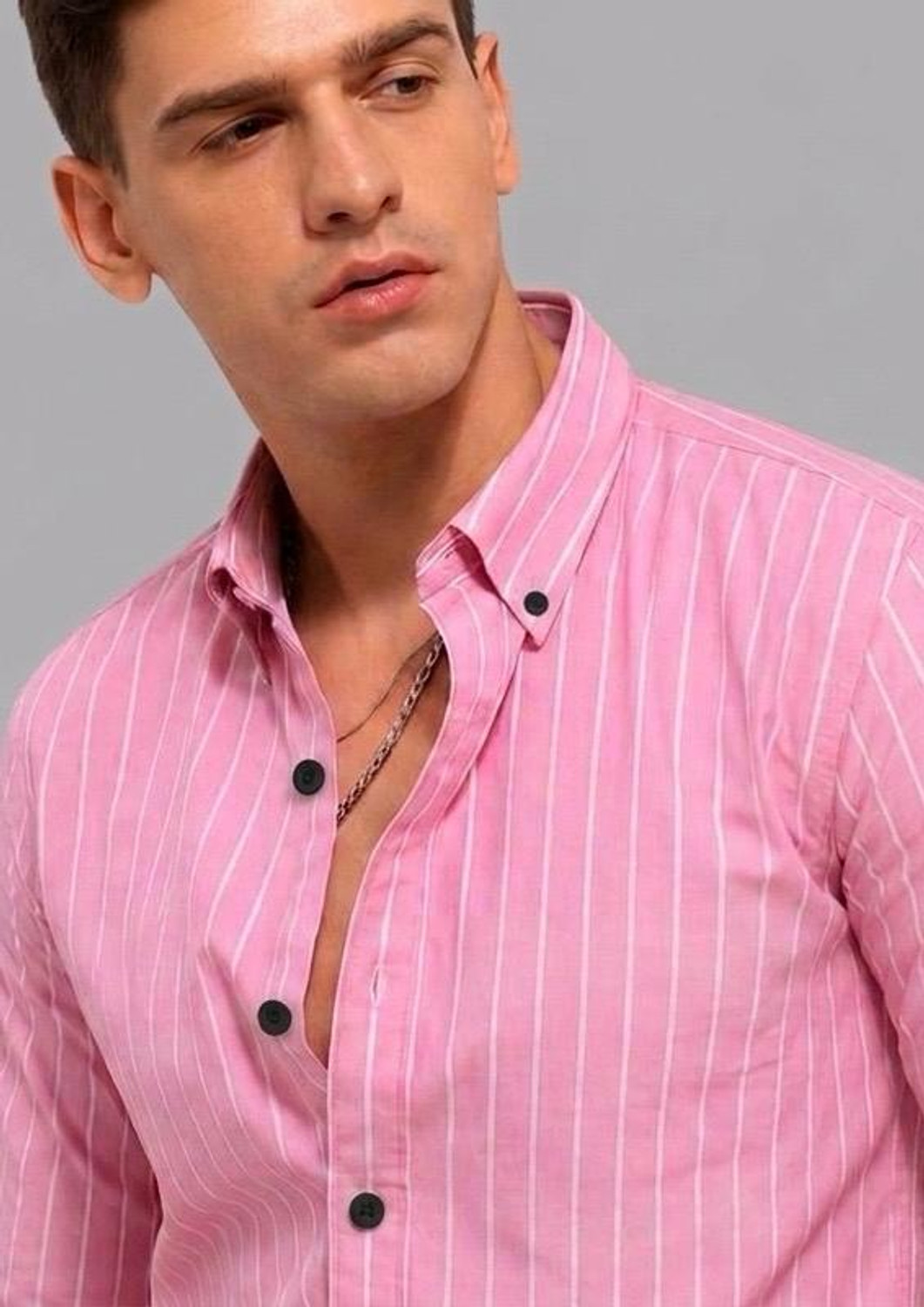Image of JACKBELLA Men Striped Casual Pink Shirt