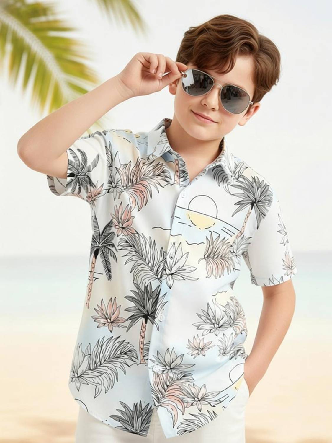 bhizy Boys Printed Beach Wear White Shirt