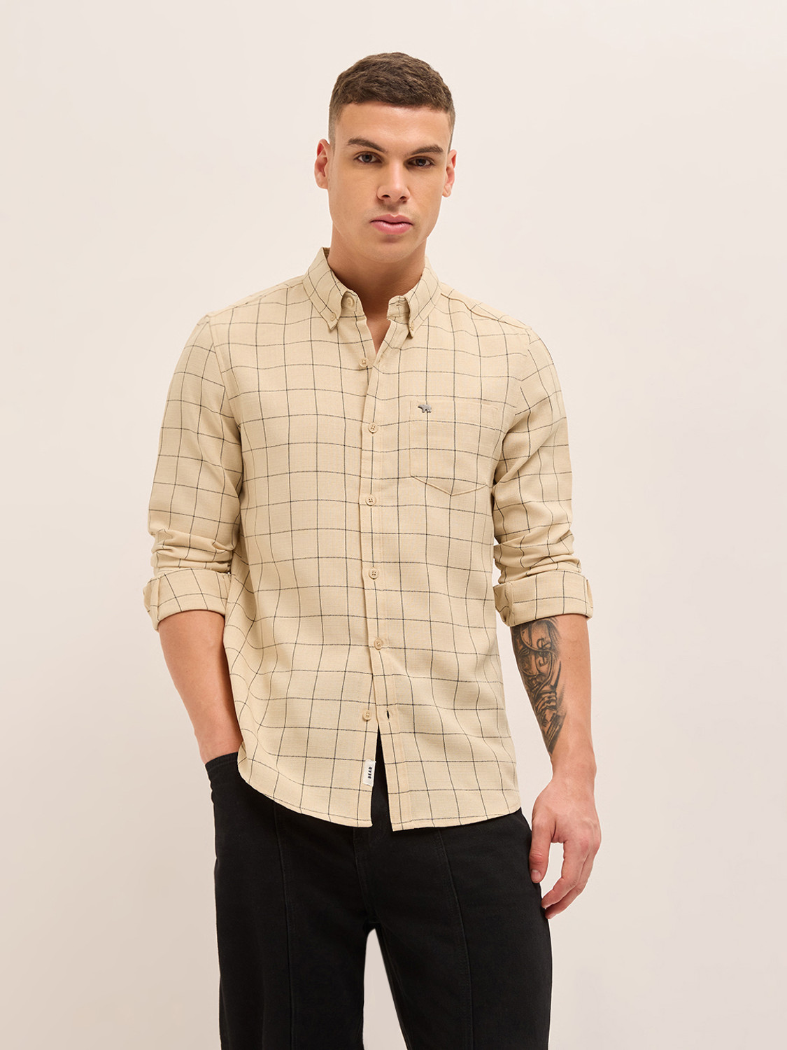 Image of THE BEAR HOUSE Men Checkered Casual Cream Shirt