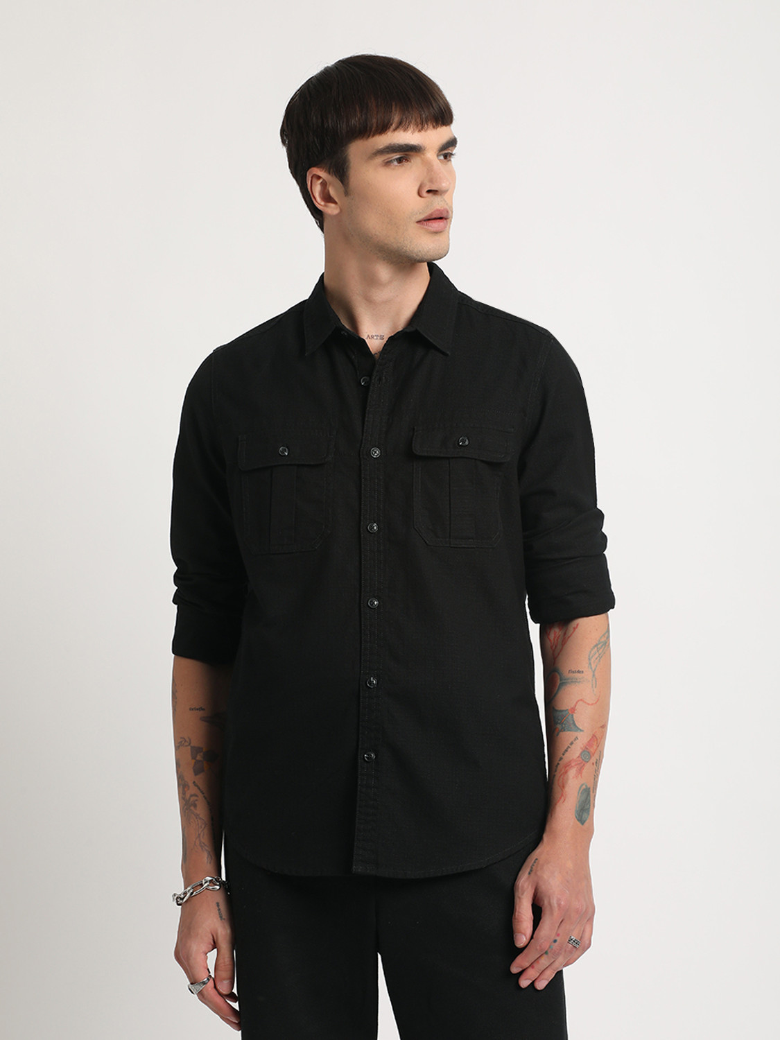 Image of THE BEAR HOUSE Men Solid Casual Black Shirt