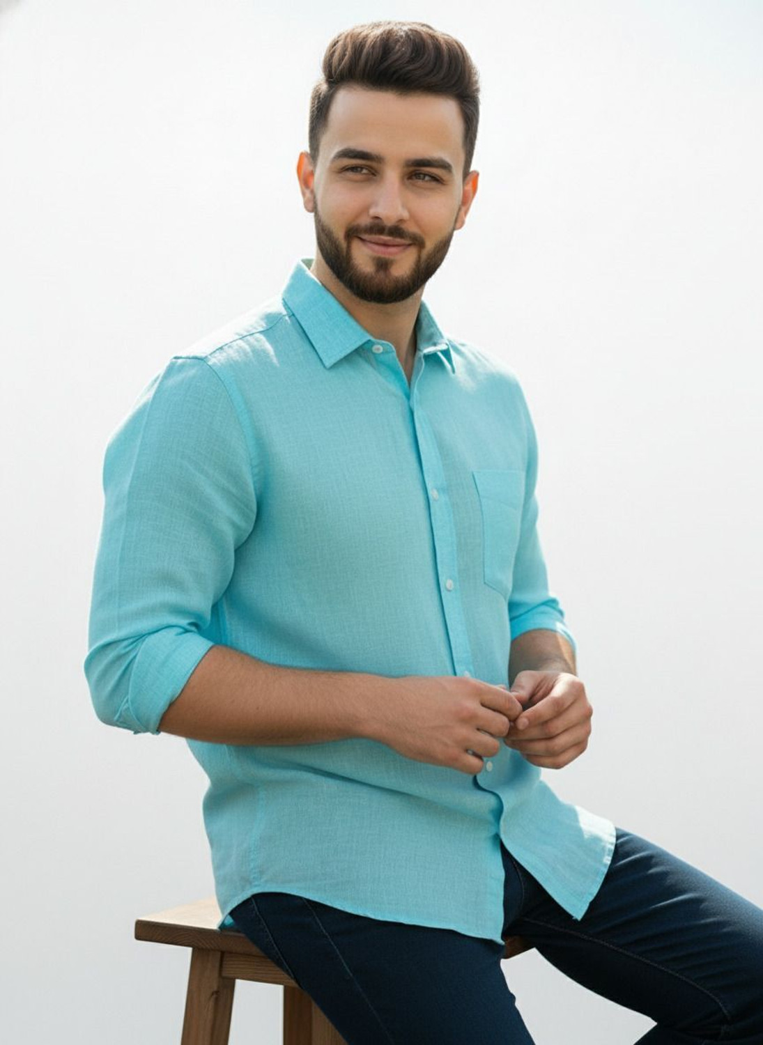 Image of PSI Men Solid Casual Light Blue Shirt