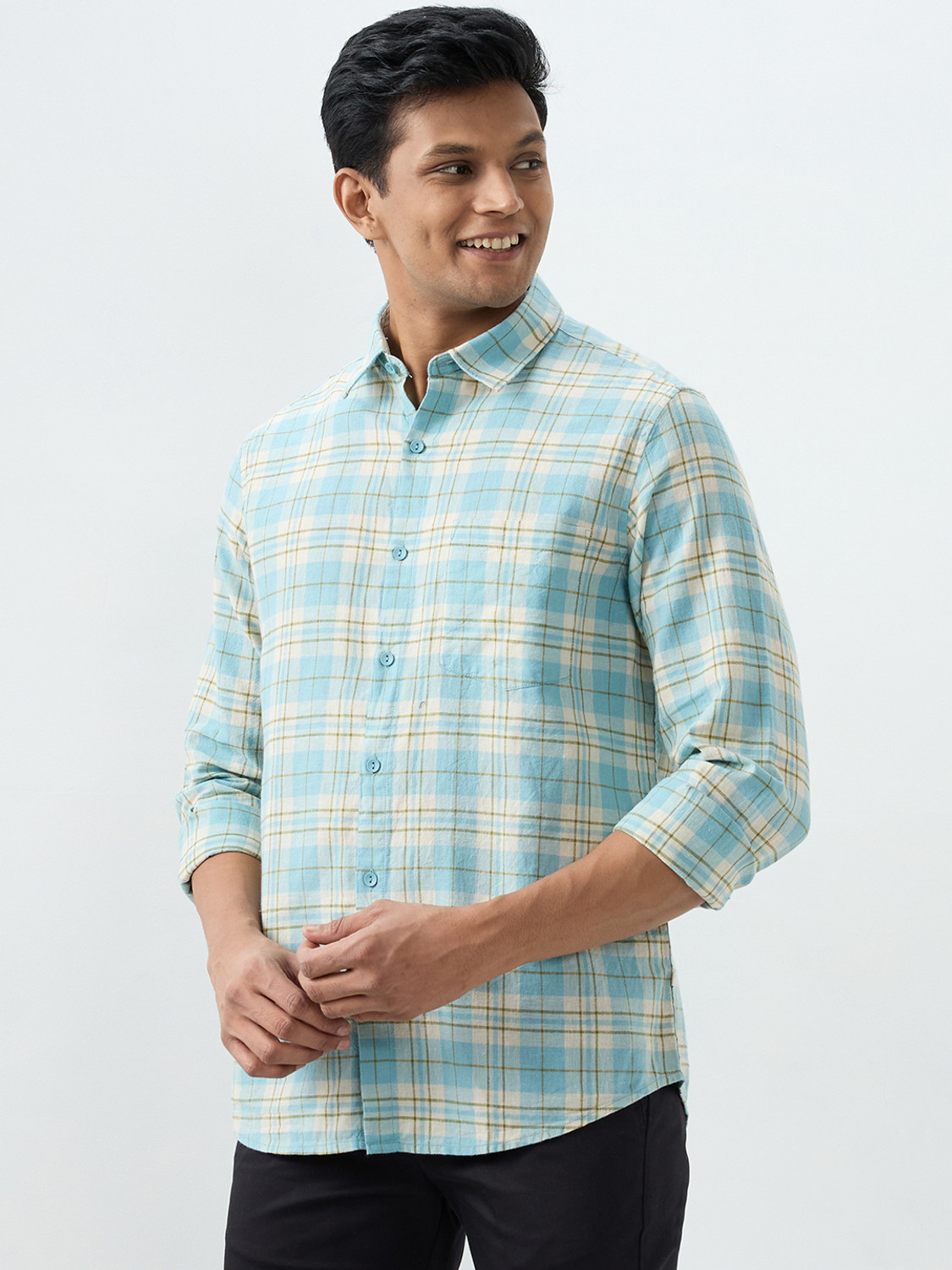 Image of Spykar Men Checkered Casual Blue Shirt