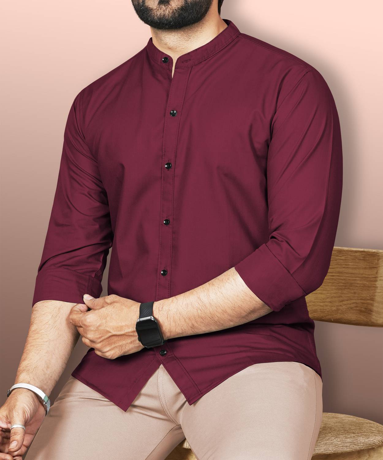 VeBNoR Men Regular Fit Solid Mandarin Collar Casual Shirt