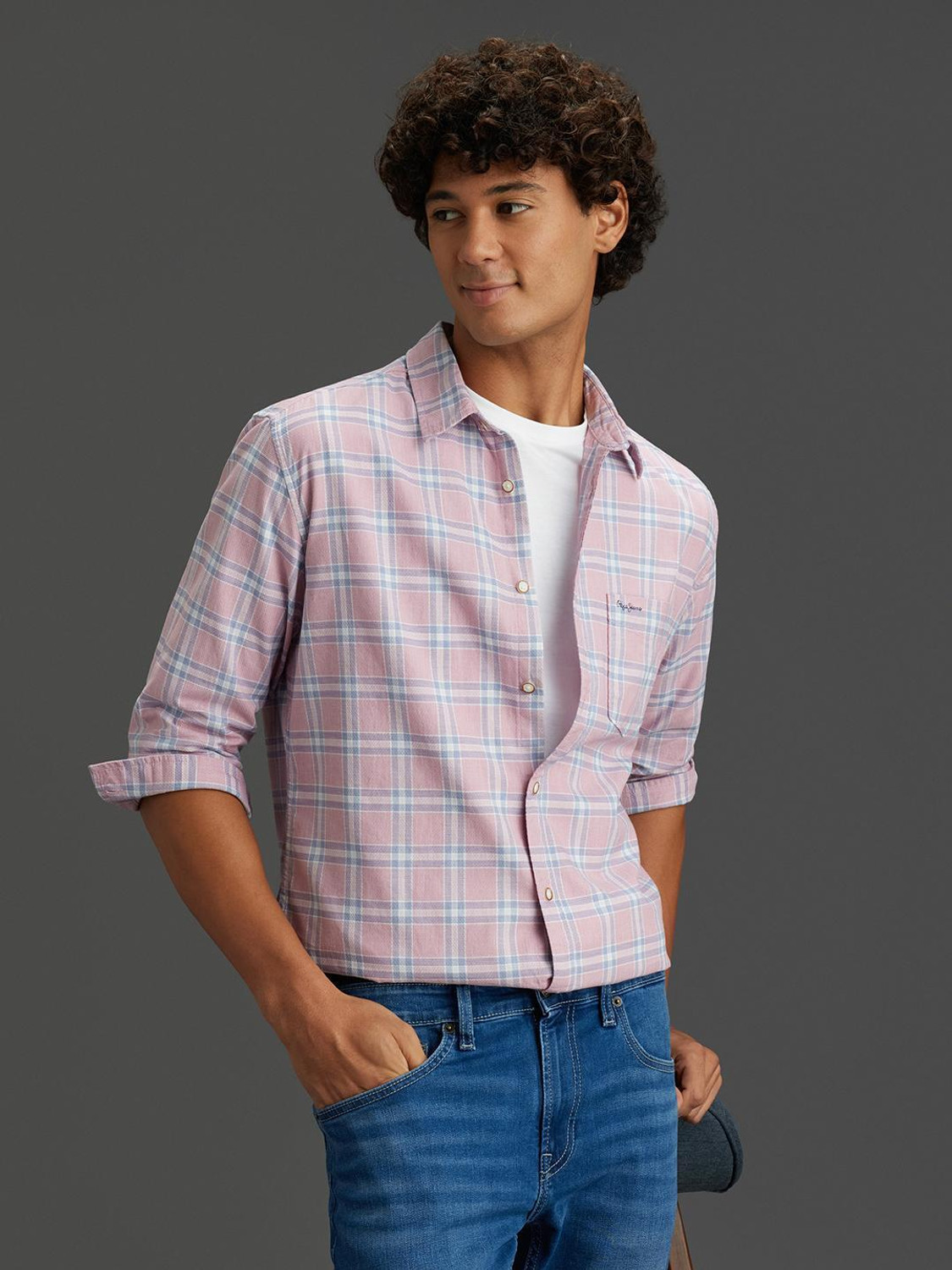 Image of Pepe Jeans Men Checkered Casual Pink Shirt
