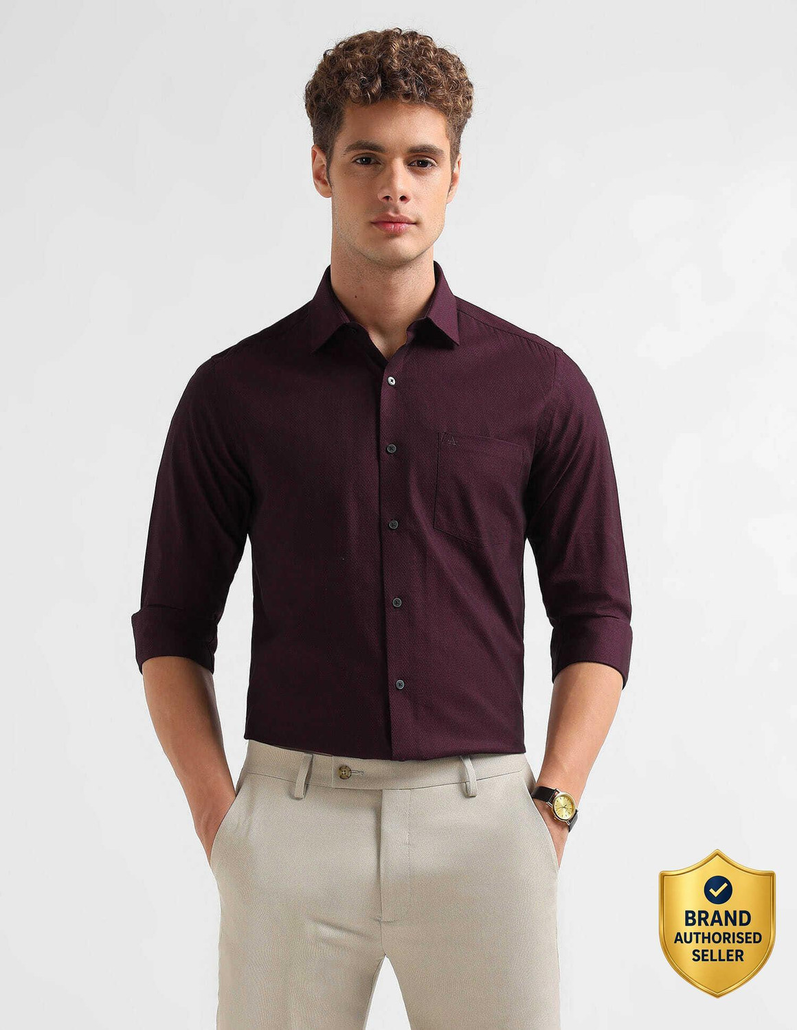 Image of ARROW Men Self Design Formal Red Shirt
