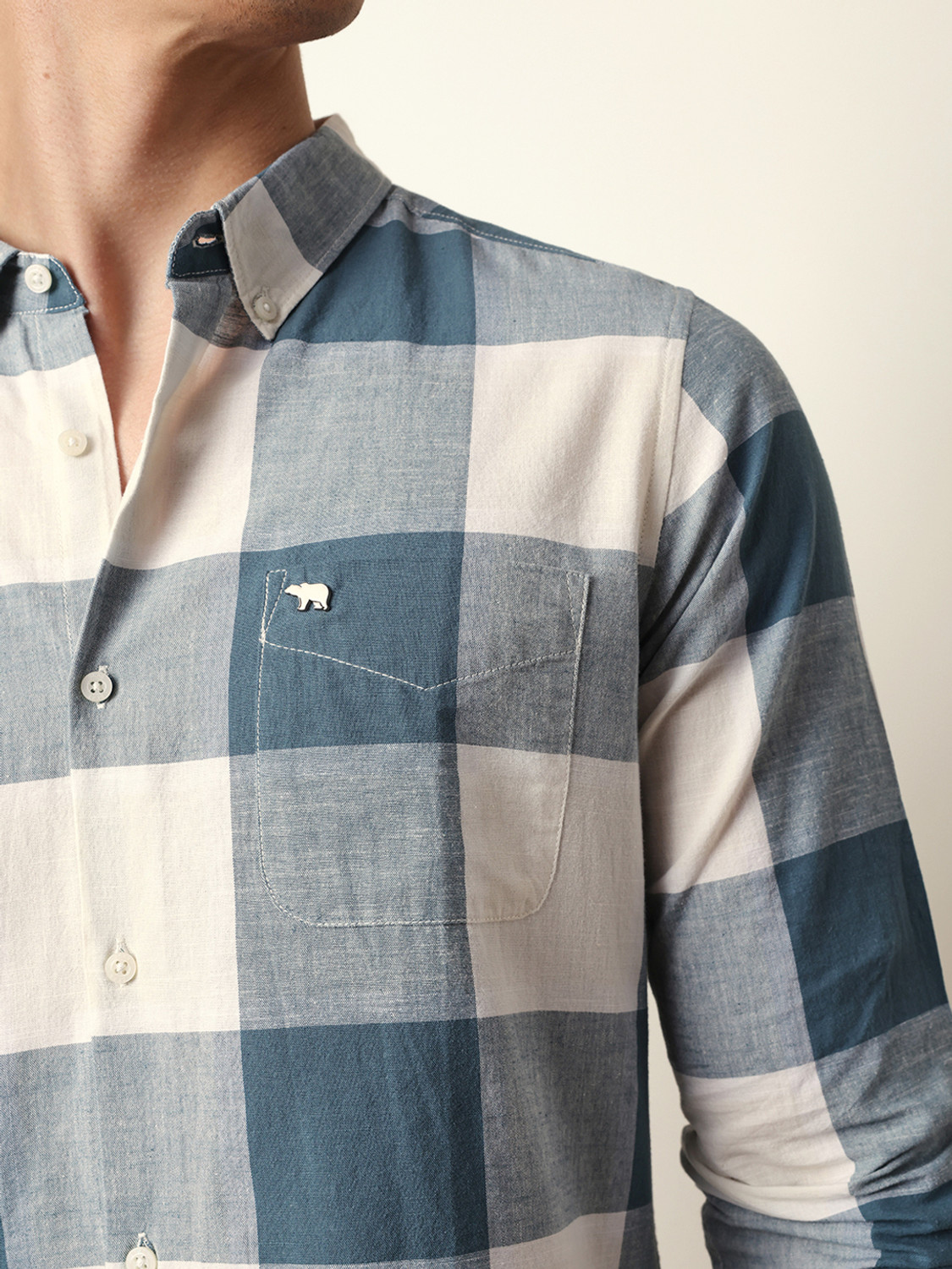 Image of THE BEAR HOUSE Men Checkered Casual Blue Shirt
