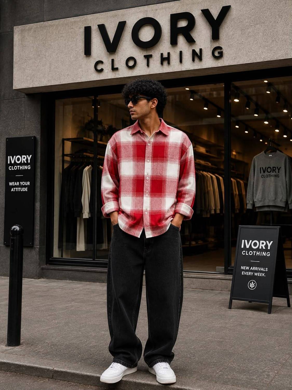 Ivory Men Checkered Casual Red, White Shirt - Image 1