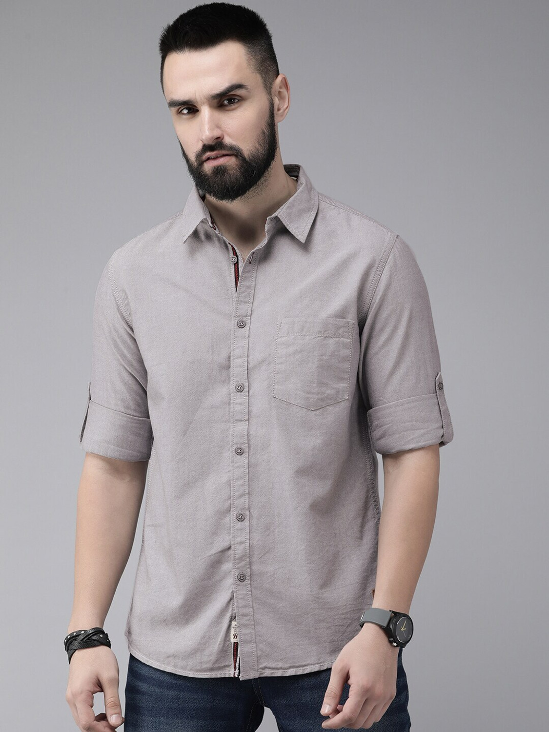 Image of Roadster Men Solid Casual Grey Shirt