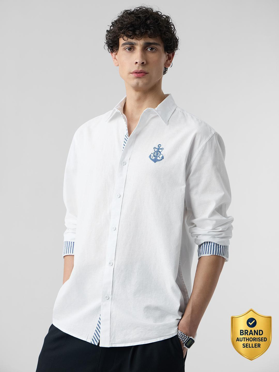 Image of The Souled Store Men Embroidered Casual White Shirt