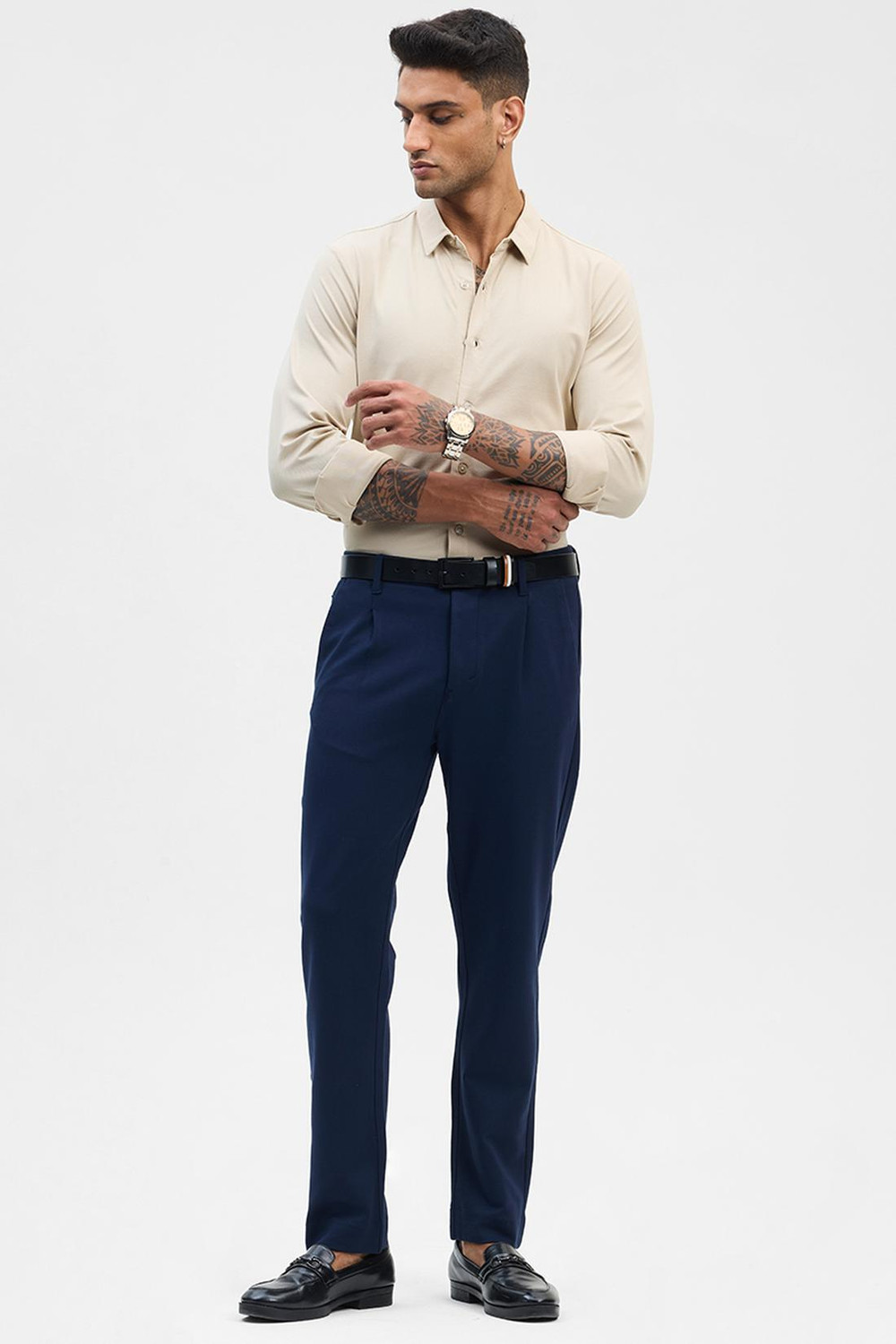 Image of Snitch Men Solid Formal Beige Shirt