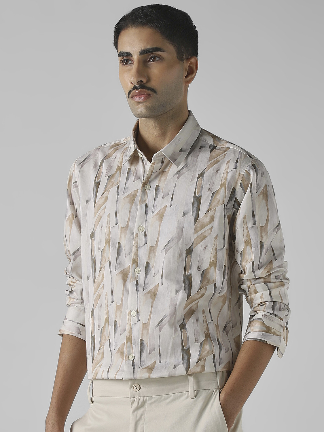 Image of MUFTI Men Printed Casual Beige, White Shirt