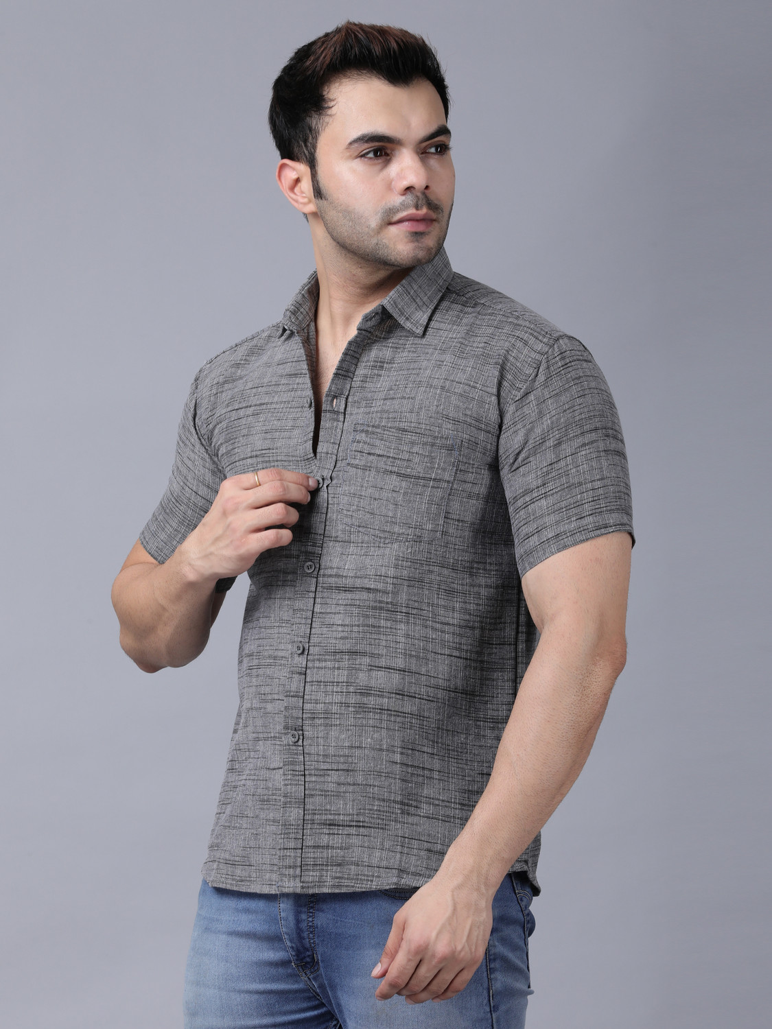 Image of TRADITIQUE Men Self Design Casual Grey Shirt