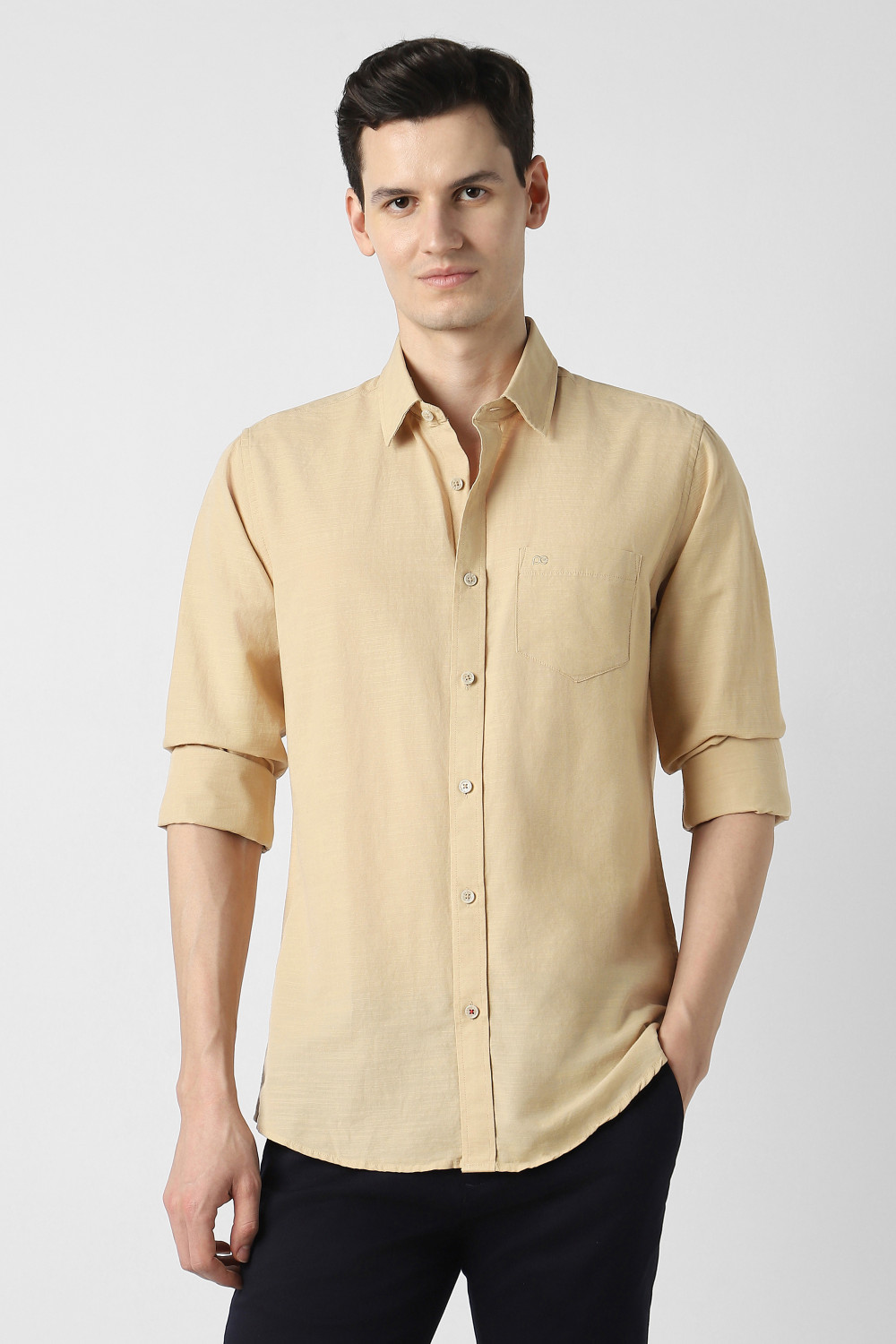 Image of PETER ENGLAND Men Solid Casual Beige Shirt