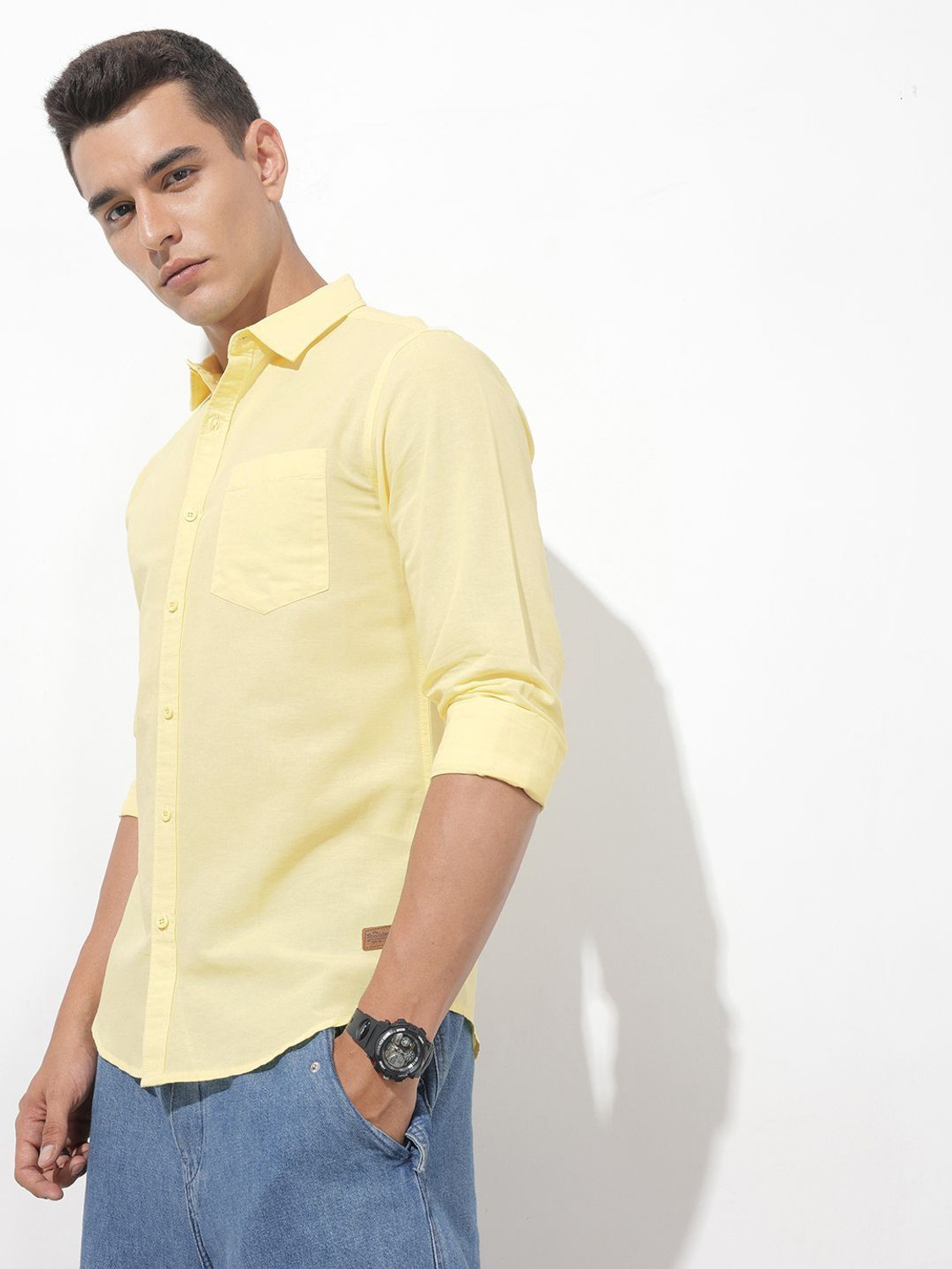 Image of Roadster Men Solid Casual Yellow Shirt