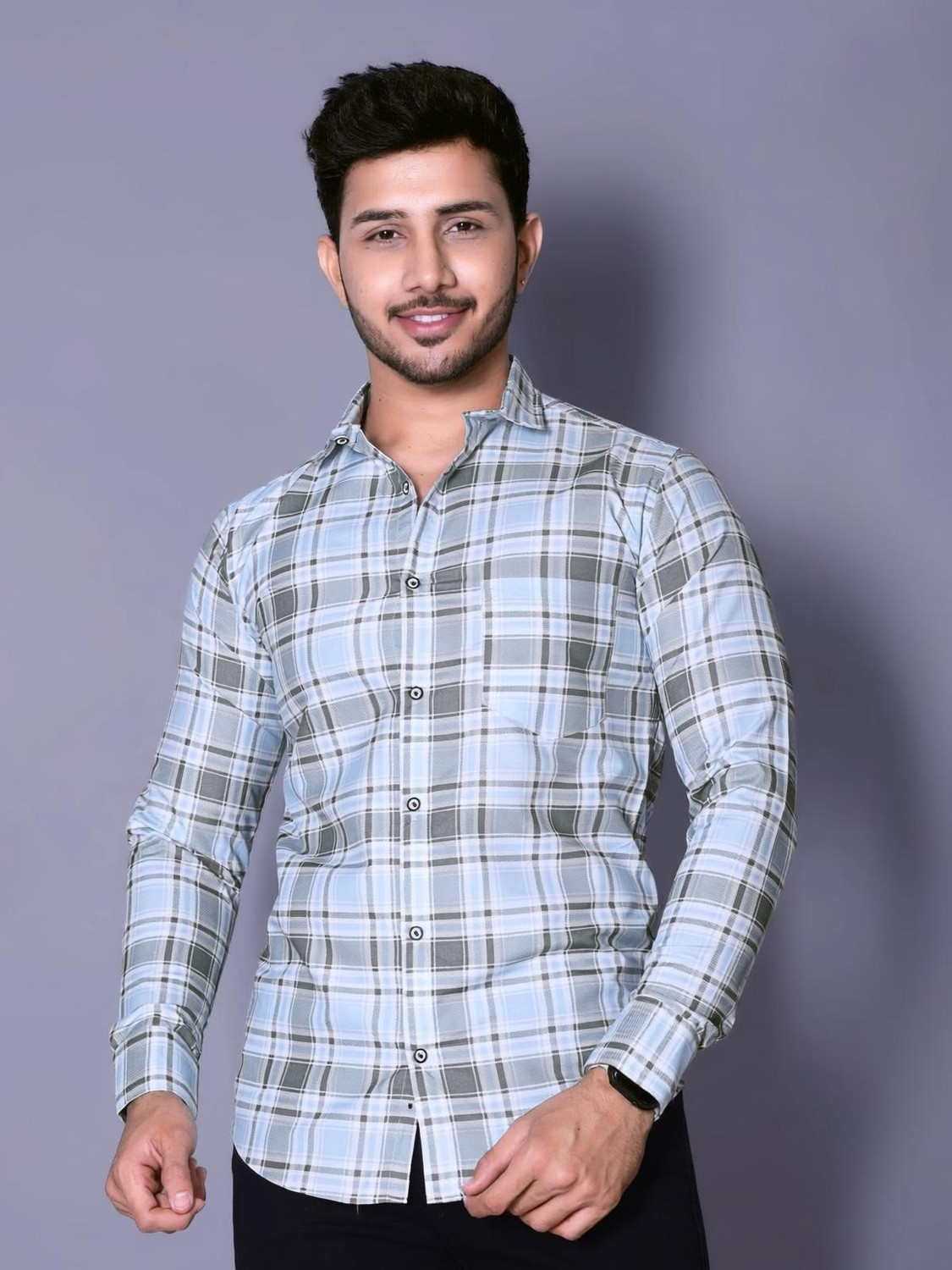 Image of Moudlin Men Checkered Casual Light Blue Shirt