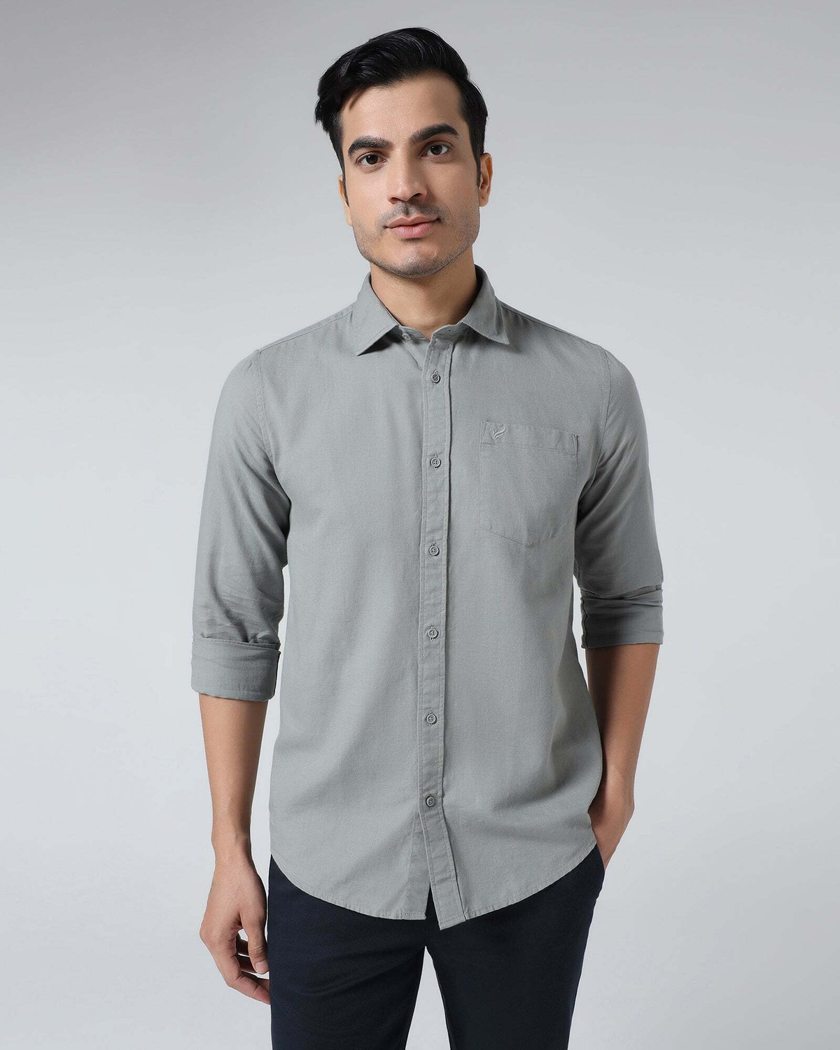 Image of Blackberrys Men Solid Casual Grey Shirt