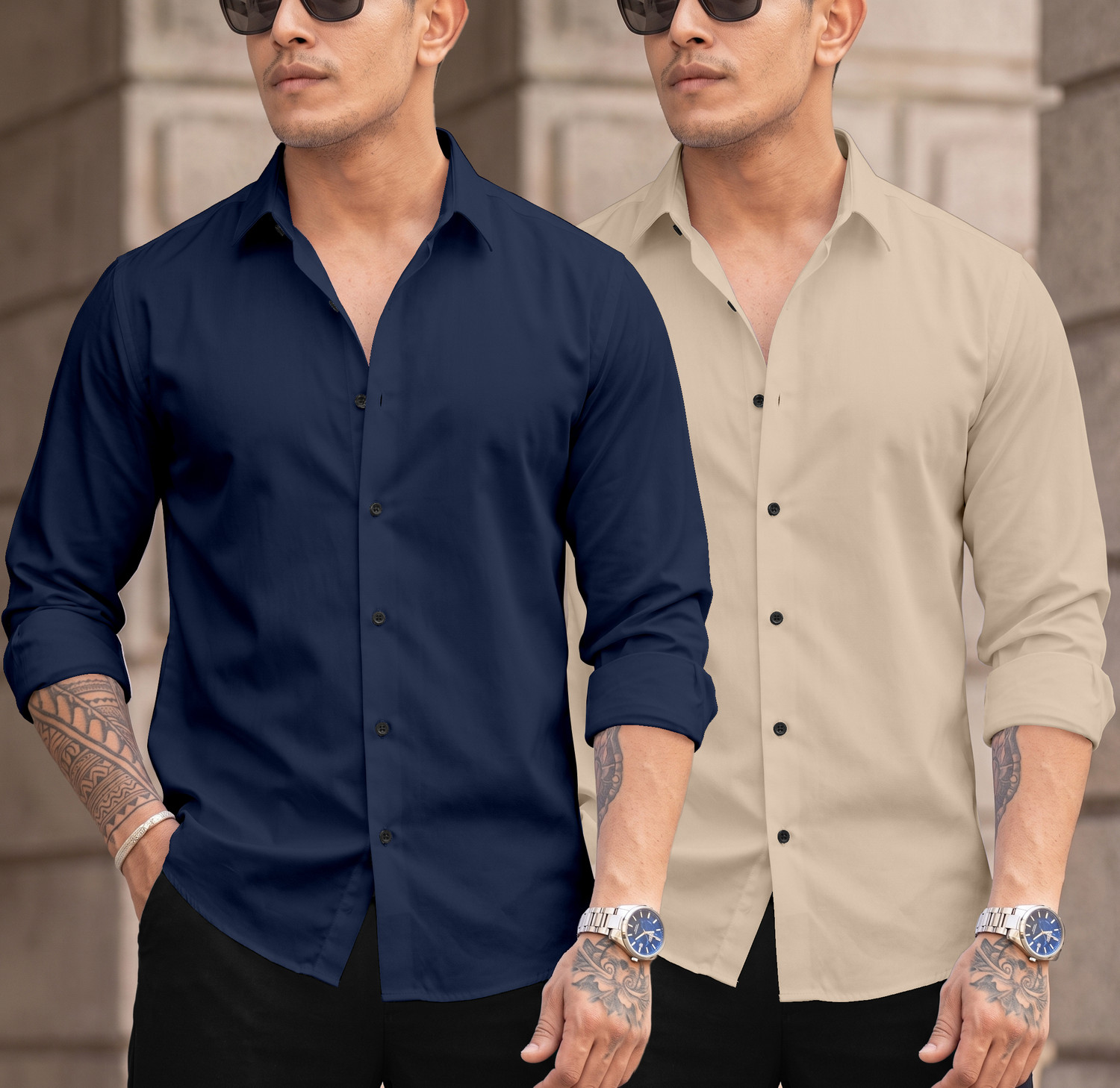 Image of DARKMODE Men Solid Casual Cream, Blue Shirt